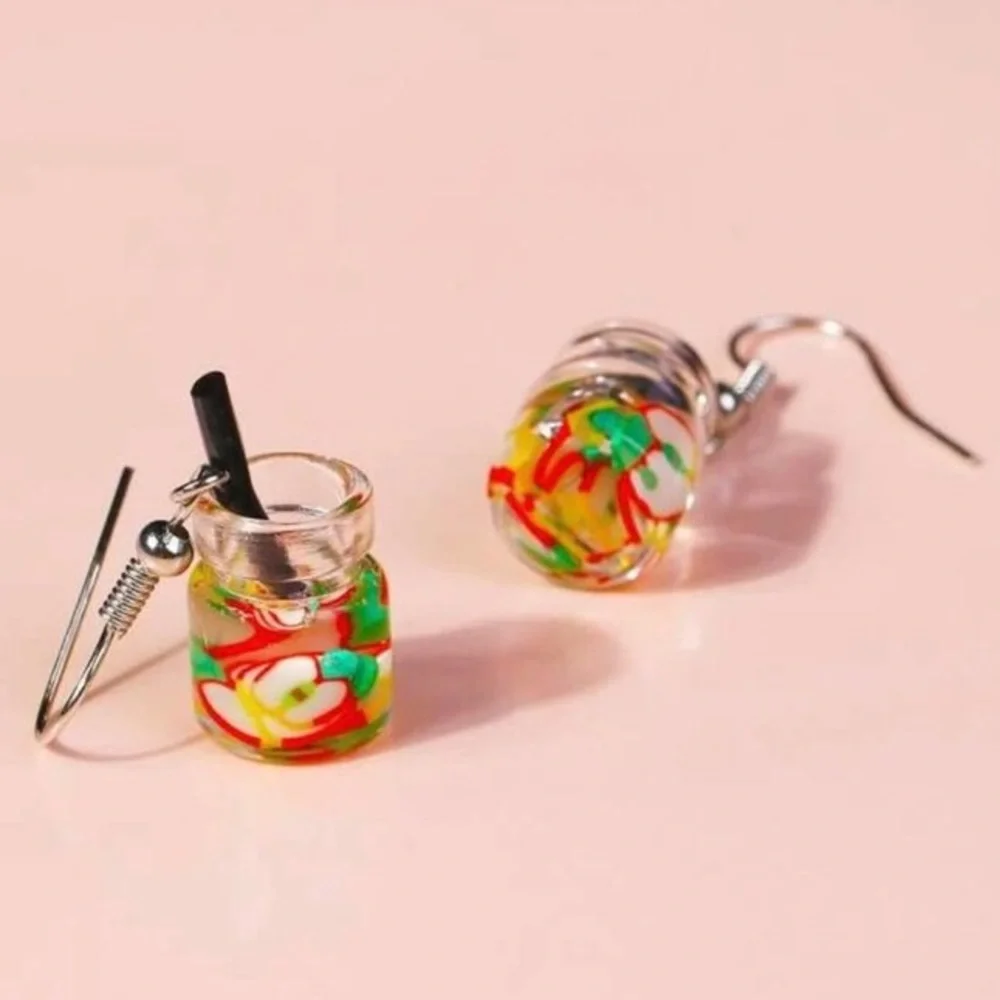 New Handmade Summer Fruity Apple Slice Glass S925 Sterling Silver Earrings